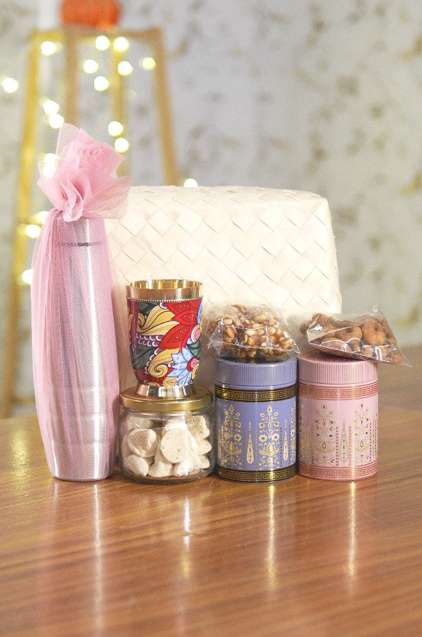 Deluxe Palm Box Gift Set Return Gift | Steel Bottle, Macaroons, Brass Glass & Nut Containers | Wedding & Festive Favor Under ₹1700