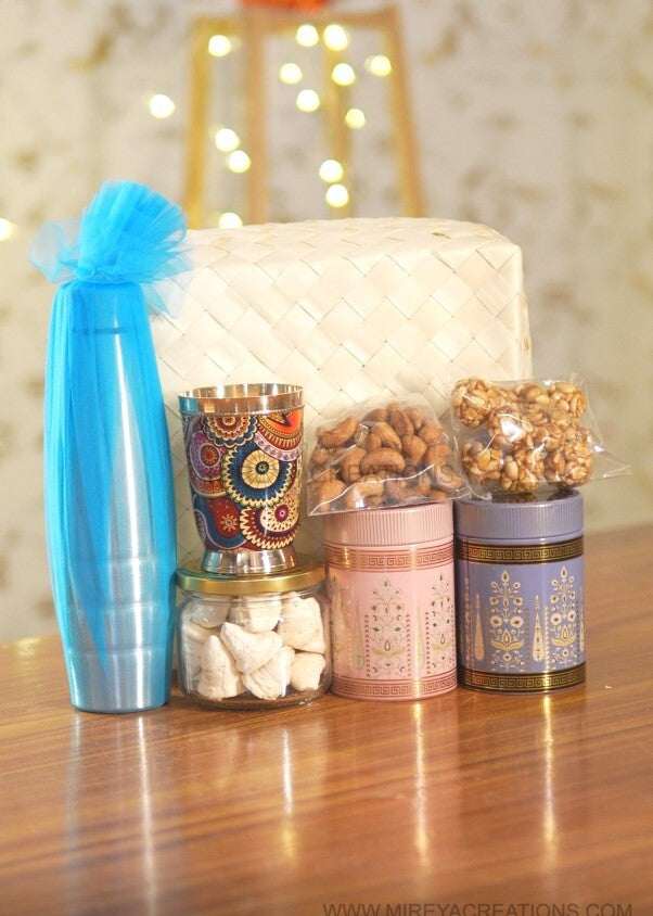 Deluxe Palm Box Gift Set Return Gift | Steel Bottle, Macaroons, Brass Glass & Nut Containers | Wedding & Festive Favor Under ₹1700