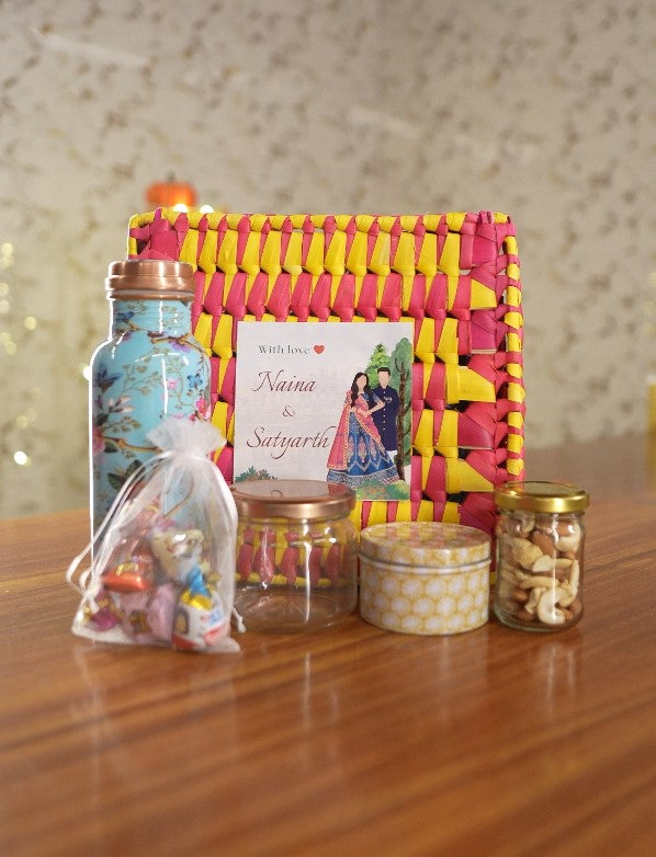 Luxury Palm Box Gift Set Return Gift | Copper Bottle, Candle, Nuts & Cookie Jar Combo | Wedding & Festive Favor Under ₹1500