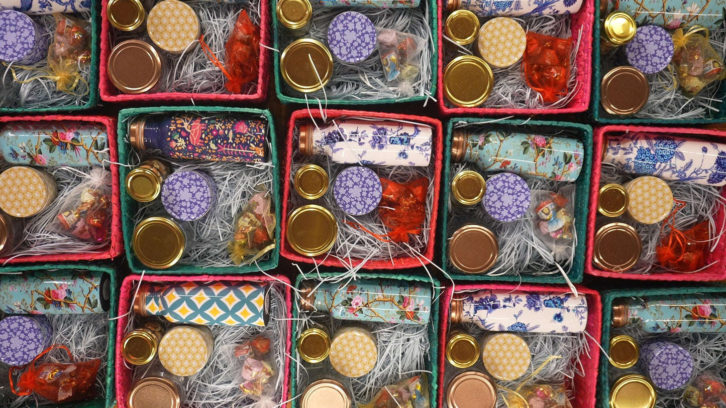 Luxury Palm Box Gift Set Return Gift | Copper Bottle, Candle, Nuts & Cookie Jar Combo | Wedding & Festive Favor Under ₹1500