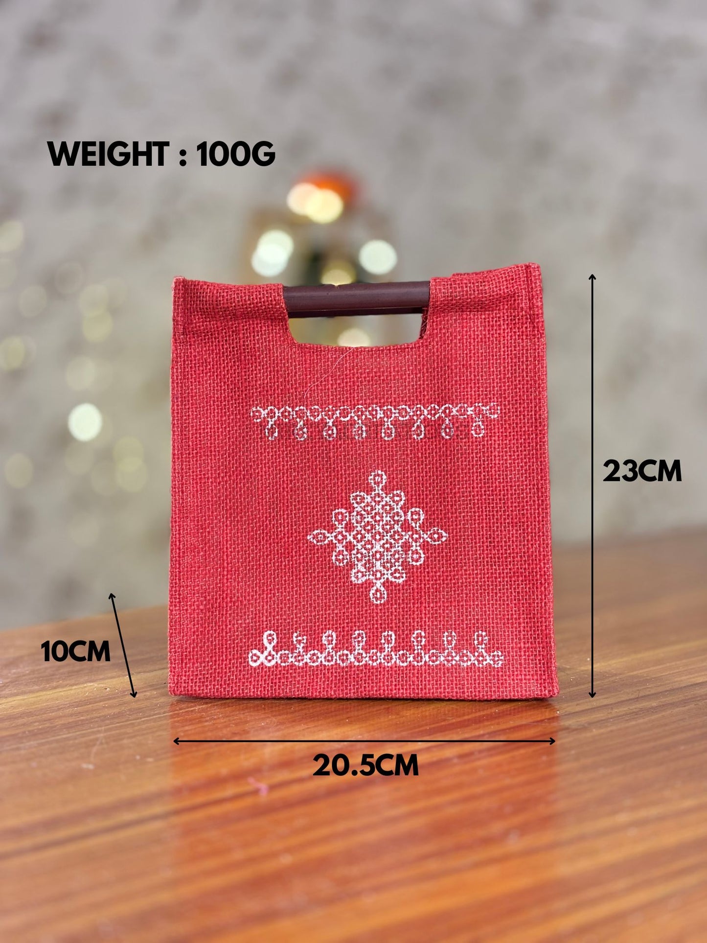Red Kolam Jute Bag Return Gift | Handcrafted Jute Bag with Wooden Handle | Wedding & Festive Favor Under ₹100