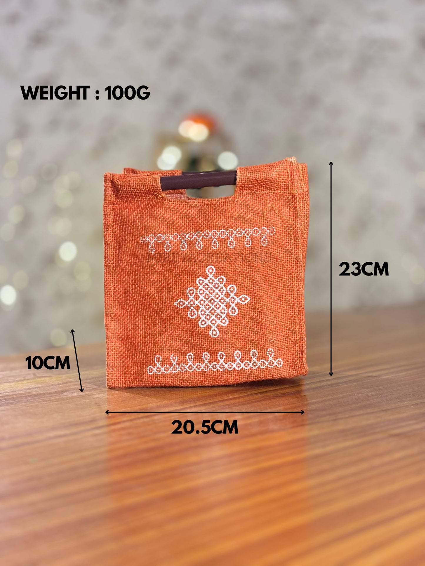 Orange Kolam Jute Bag Return Gift | Handcrafted Jute Bag with Wooden Handle | Wedding & Festive Favor Under ₹100