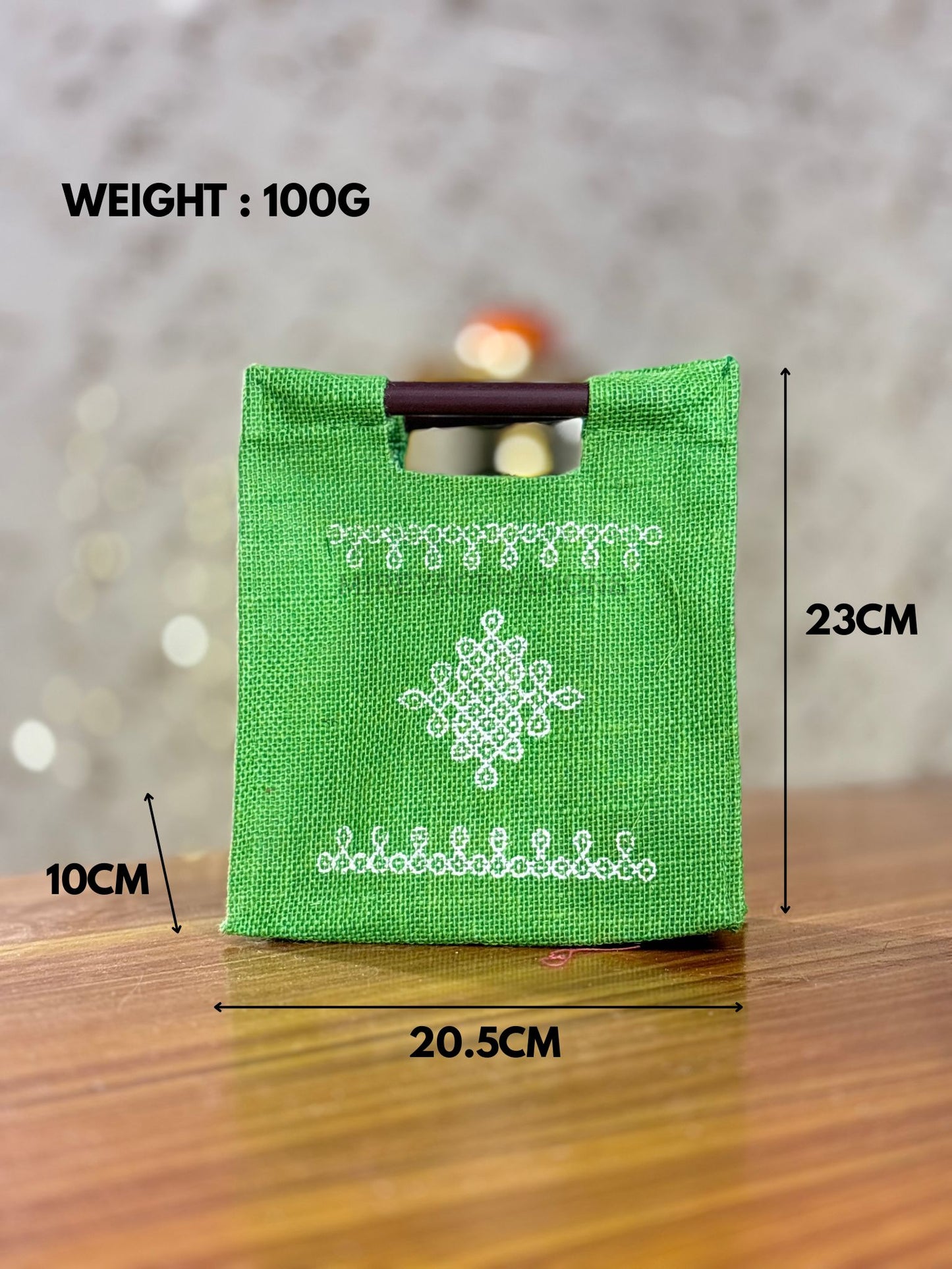 Green Kolam Jute Bag Return Gift | Handcrafted Jute Bag with Wooden Handle | Wedding & Festive Favor Under ₹100