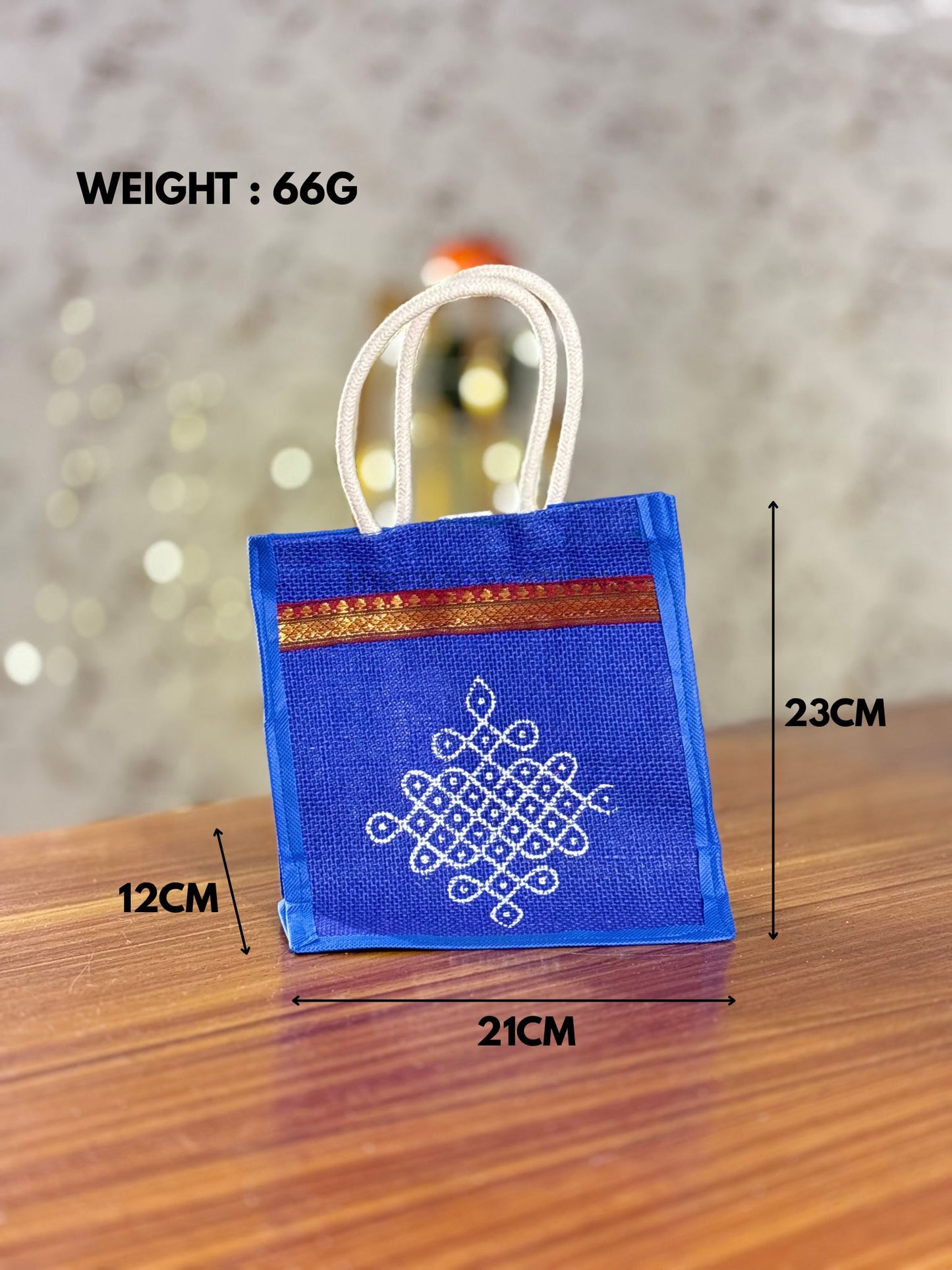 Royal Blue Kolam Print Mini Jute Bag Return Gift | Handcrafted Jute Bag with Zari Border | Wedding & Festive Favor Under ₹150