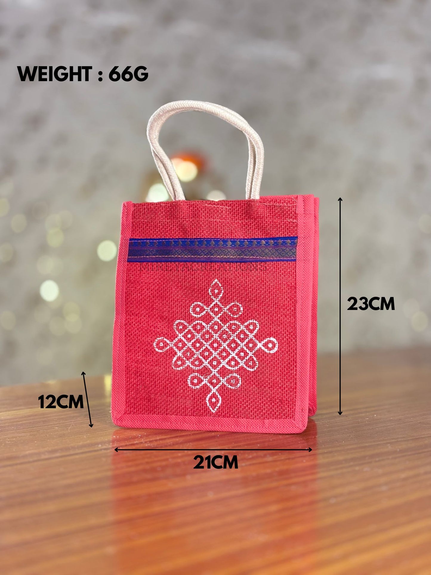 Pink Kolam Print Mini Jute Bag Return Gift | Handcrafted Jute Bag with Blue Zari Border | Wedding & Festive Favor Under ₹150
