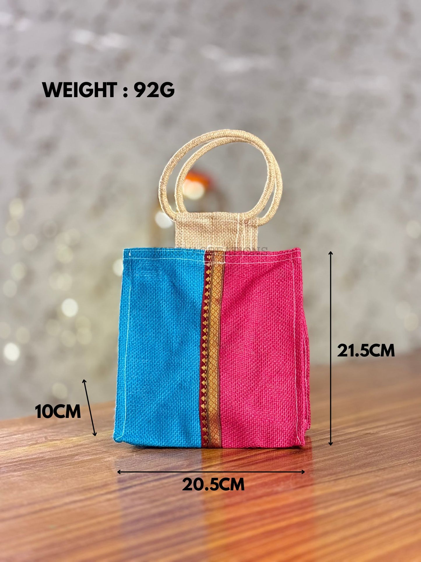 Dual Shade Blue & Pink Mini Jute Bag Return Gift | Handcrafted Jute Bag with Zari Strip | Wedding & Festive Favor Under ₹150