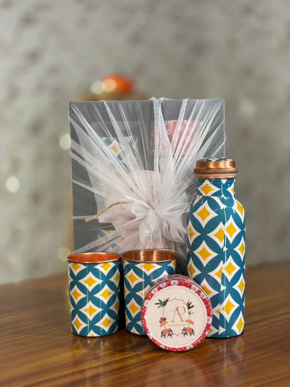 Printed Copper Bottle & Glasses Gift Set Return Gift | Copper Drinkware & Tin Candle Combo | Wedding & Festive Favor Under ₹1350