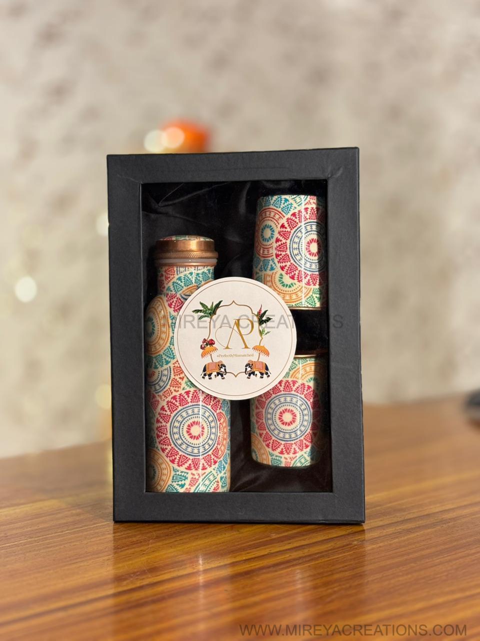 Printed Copper Bottle & Glasses Return Gift | Premium Copper Drinkware Set | Wedding & Housewarming Favor Under ₹1500
