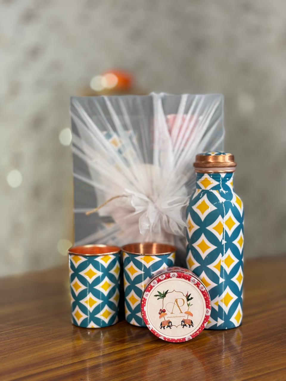 Printed Copper Bottle & Glasses Gift Set Return Gift | Copper Drinkware & Tin Candle Combo | Wedding & Festive Favor Under ₹1350