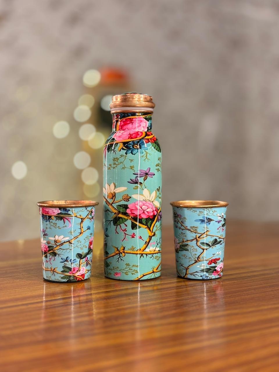 Printed Copper Bottle & Glasses Gift Set Return Gift | Copper Drinkware & Tin Candle Combo | Wedding & Festive Favor Under ₹1350
