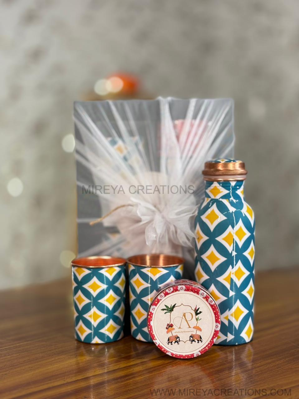 Printed Copper Bottle & Glasses Gift Set Return Gift | Copper Drinkware & Tin Candle Combo | Wedding & Festive Favor Under ₹1600