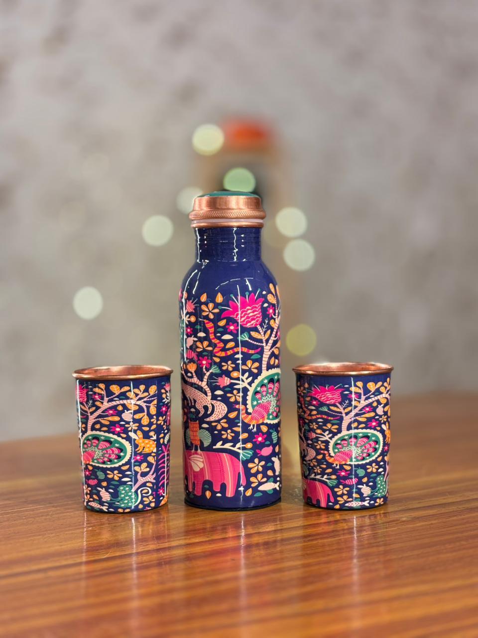 Printed Copper Bottle & Glasses Gift Set Return Gift | Copper Drinkware & Tin Candle Combo | Wedding & Festive Favor Under ₹1350
