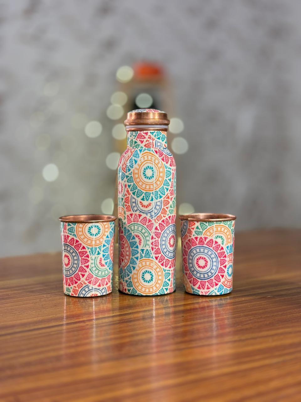 Printed Copper Bottle & Glasses Gift Set Return Gift | Copper Drinkware & Tin Candle Combo | Wedding & Festive Favor Under ₹1350