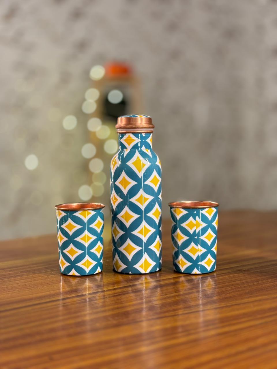 Printed Copper Bottle & Glasses Gift Set Return Gift | Copper Drinkware & Tin Candle Combo | Wedding & Festive Favor Under ₹1350