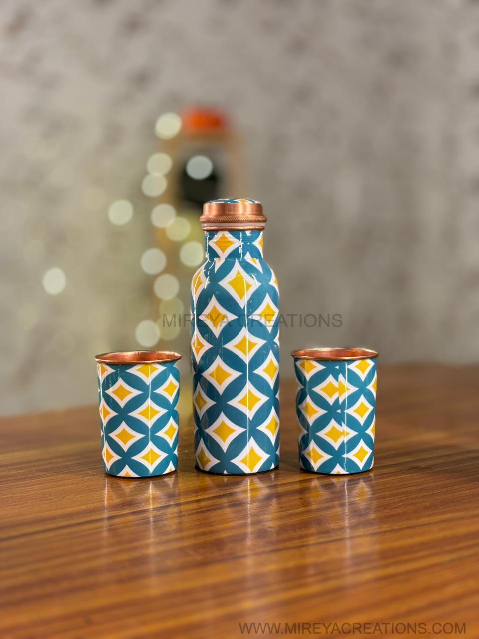 Printed Copper Bottle & Glasses Return Gift | Premium Copper Drinkware Set | Wedding & Housewarming Favor Under ₹1500