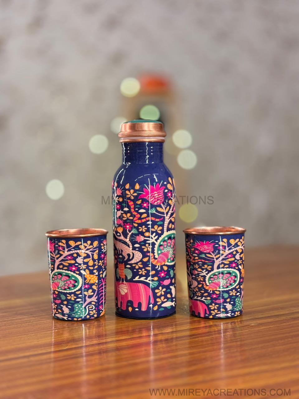 Printed Copper Bottle & Glasses Return Gift | Premium Copper Drinkware Set | Wedding & Housewarming Favor Under ₹1500