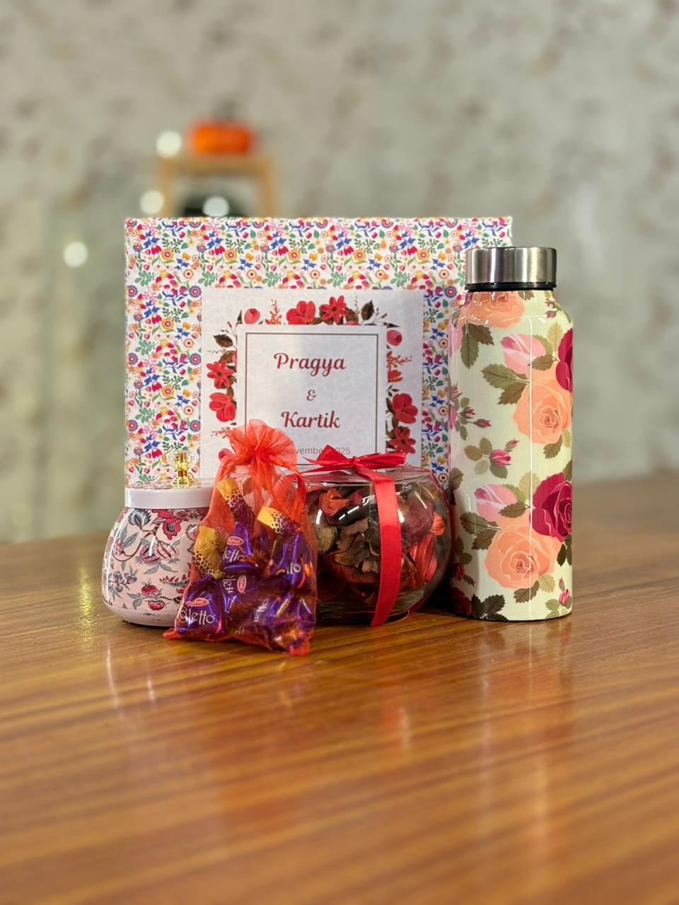 Printed Steel Bottle Gift Set Return Gift | Cone Jar, Potpourri Bowl & Chocolates Combo | Wedding & Housewarming Favor Under ₹1100