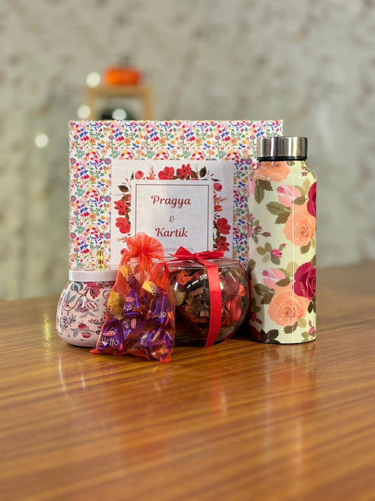 Printed Steel Bottle Gift Set Return Gift | Cone Jar, Potpourri Bowl & Chocolates Combo | Wedding & Housewarming Favor Under ₹1100