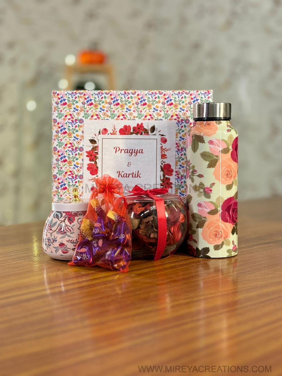 Printed Steel Bottle Gift Set Return Gift | Cone Jar, Potpourri Bowl & Chocolates Combo | Wedding & Housewarming Favor Under ₹1100