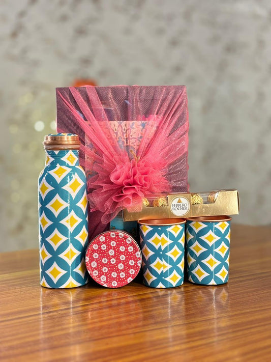 Printed Copper Bottle & Glasses Gift Set Return Gift | Tin Candle & Ferrero Rocher Combo | Wedding & Festive Favor Under ₹1500