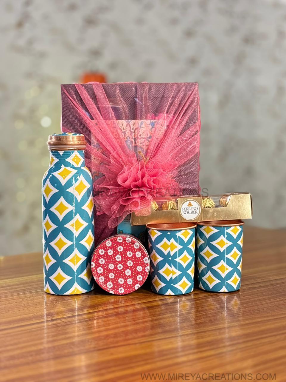 Printed Copper Bottle & Glasses Gift Set Return Gift | Tin Candle & Ferrero Rocher Combo | Wedding & Festive Favor Under ₹2000