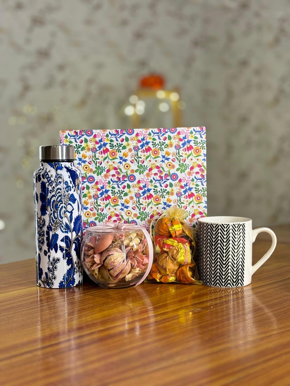 Printed Stainless Steel Bottle Gift Set Return Gift | Potpourri Bowl, Mug & Chocolates Combo | Wedding & Festive Favor Under ₹1000