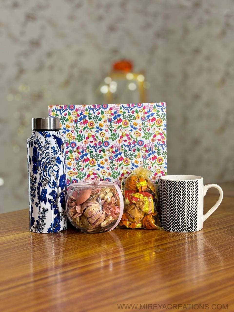 Printed Stainless Steel Bottle Gift Set Return Gift | Potpourri Bowl, Mug & Chocolates Combo | Wedding & Festive Favor Under ₹1000
