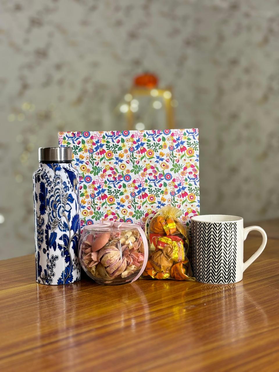 Printed Stainless Steel Bottle Gift Set Return Gift | Potpourri Bowl, Mug & Chocolates Combo | Wedding & Festive Favor Under ₹1000