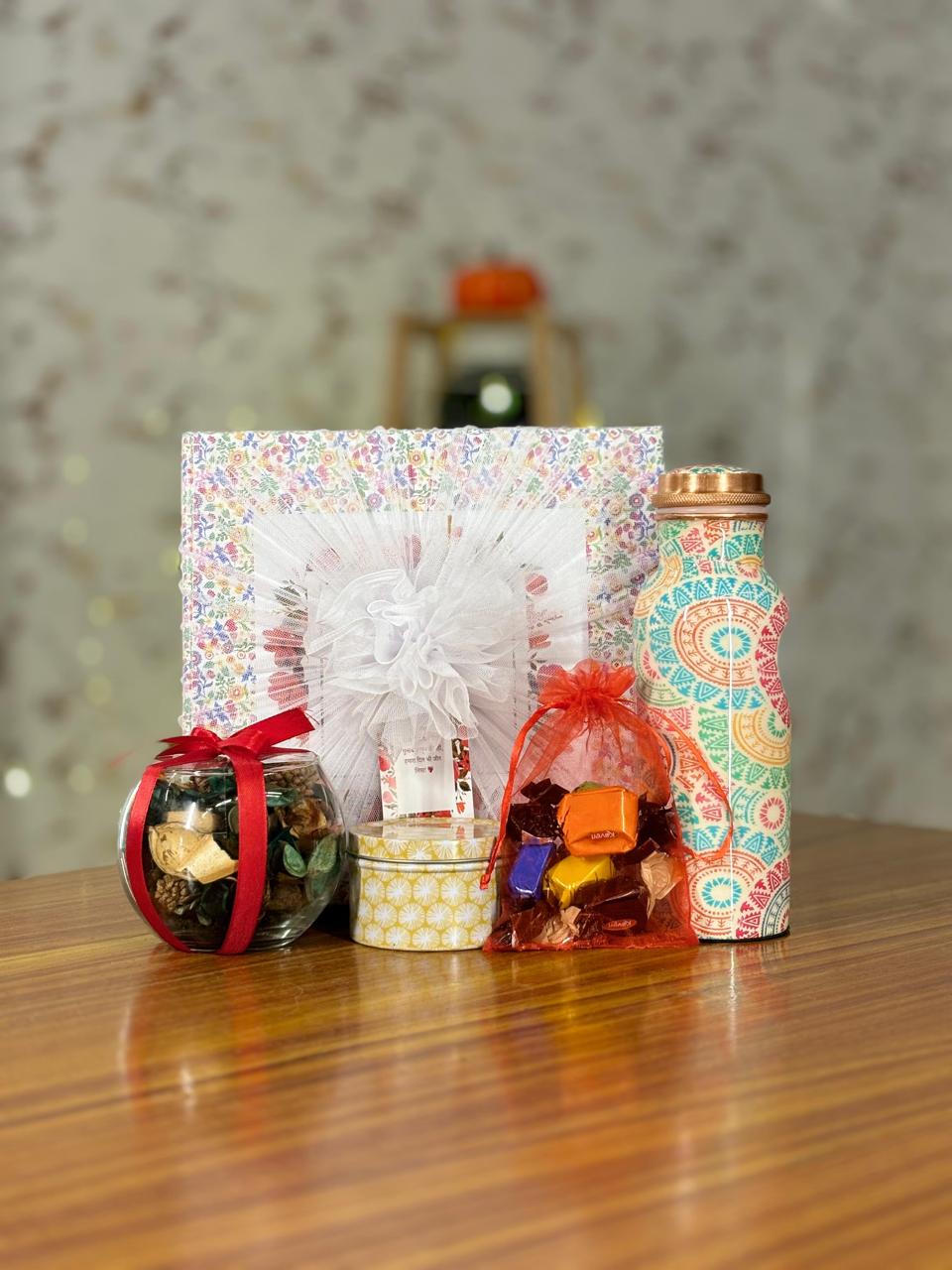 Printed Copper Bottle Gift Set Return Gift | Potpourri Bowl, Tin Candle & Chocolates Combo | Wedding & Festive Favor Under ₹1200