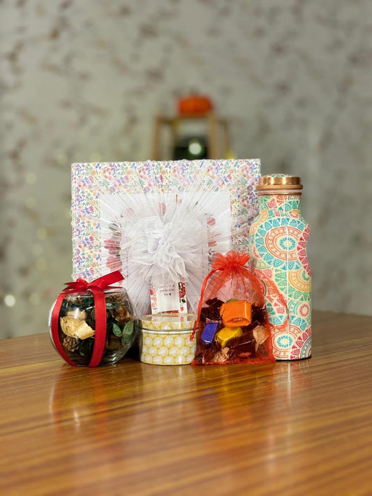 Printed Copper Bottle Gift Set Return Gift | Potpourri Bowl, Tin Candle & Chocolates Combo | Wedding & Festive Favor Under ₹1200
