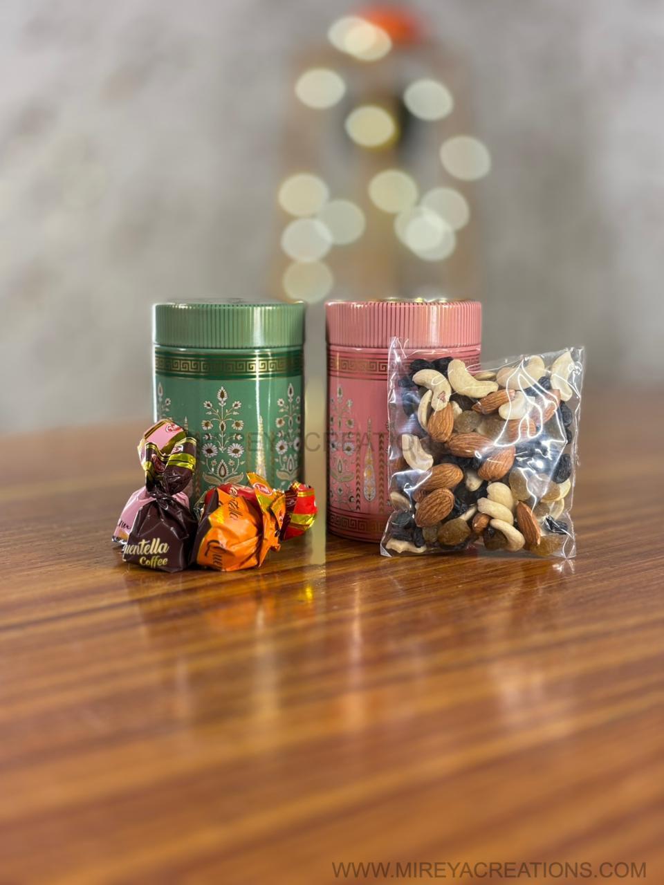 Airtight Container Set With Nuts & Chocolates Return Gift | Printed Container Gift Combo | Wedding & Housewarming Favor Under ₹300