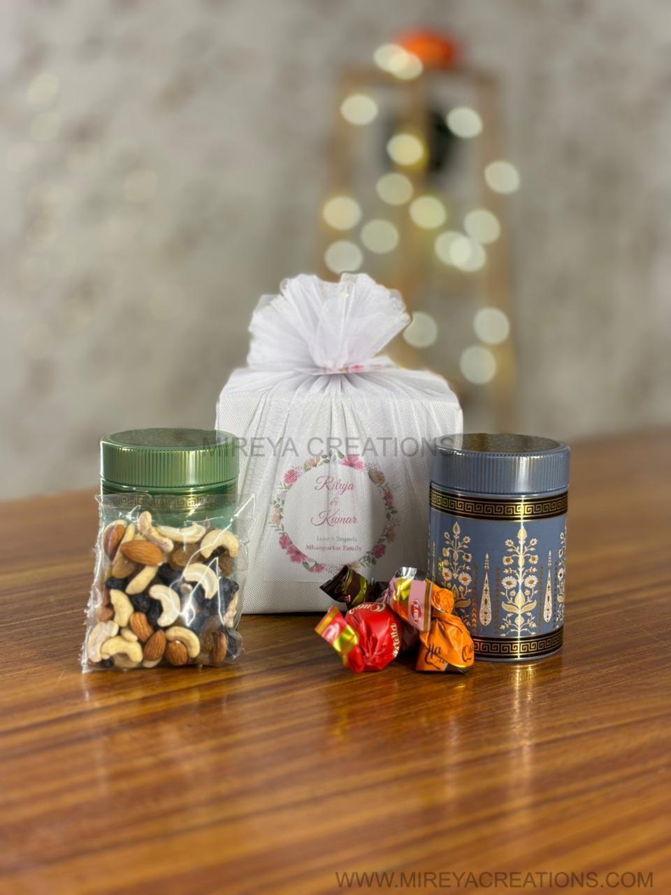 Airtight Container Set With Nuts & Chocolates Return Gift | Printed Container Gift Combo | Wedding & Housewarming Favor Under ₹300