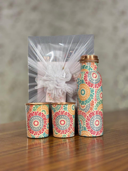 Printed Copper Bottle & Glasses Return Gift | Premium Copper Drinkware Set | Wedding & Housewarming Favor Under ₹1250