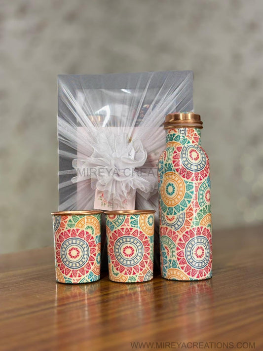 Printed Copper Bottle & Glasses Return Gift | Premium Copper Drinkware Set | Wedding & Housewarming Favor Under ₹1500