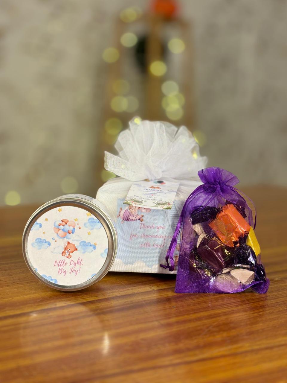 Customized Tin Candle Return Gift | Scented Candle & Chocolate Combo | Wedding & Event Favor Under ₹200