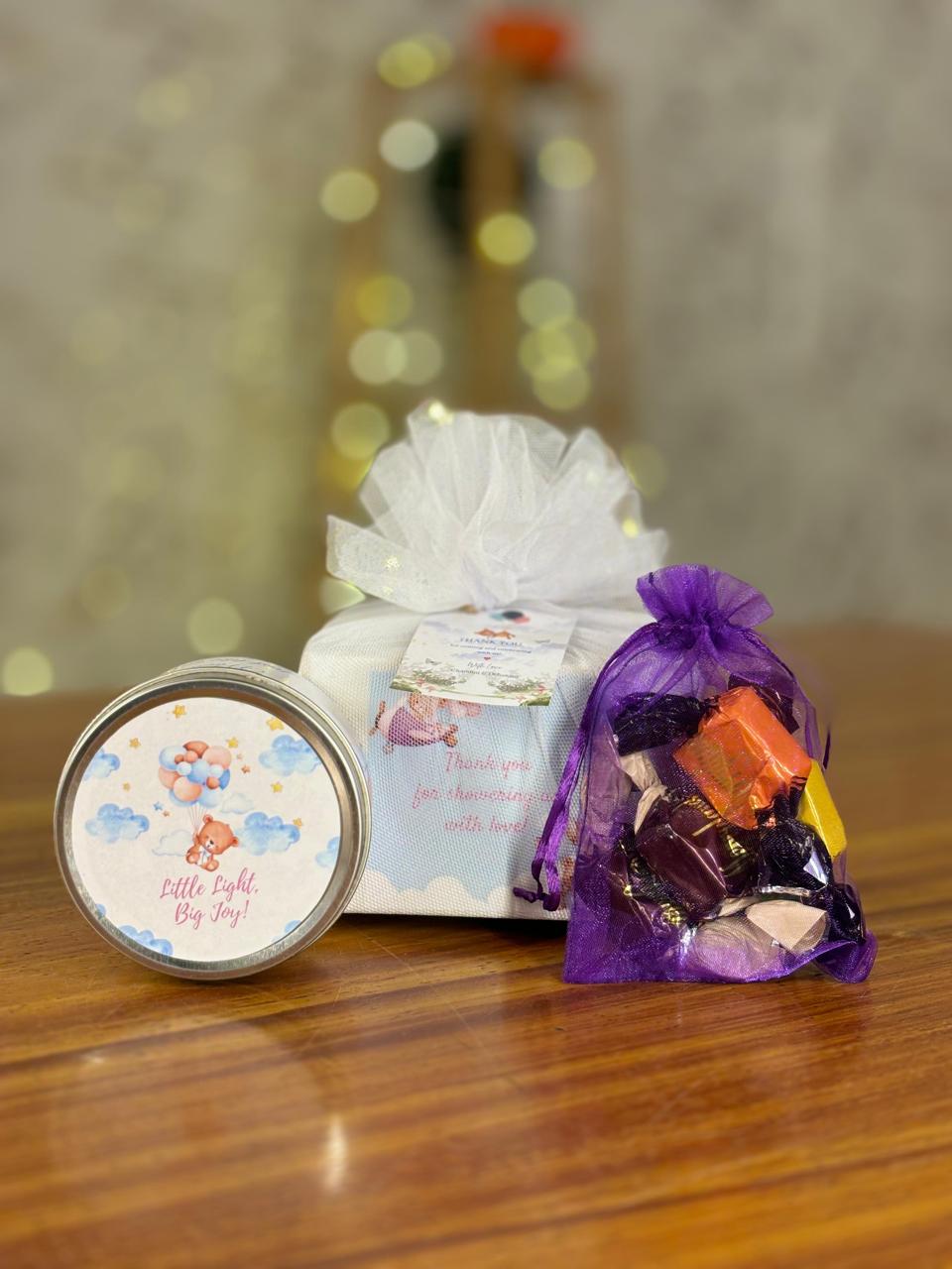 Customized Tin Candle Return Gift | Scented Candle & Chocolate Combo | Wedding & Event Favor Under ₹200