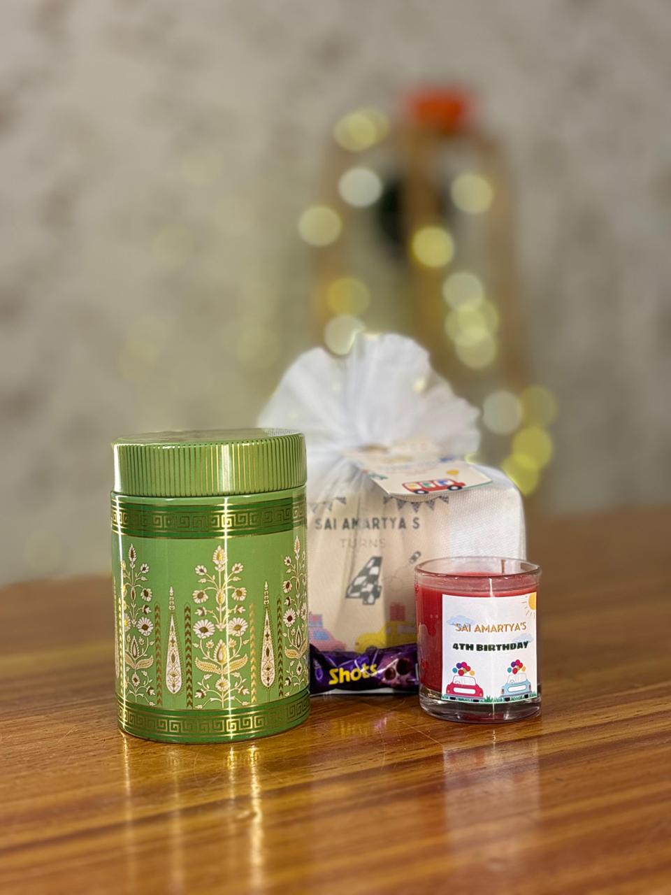 Printed Air-Tight Container + Shot Glass + Shots Chocolate | Combo Return Gift | Wedding Favor Under ₹200