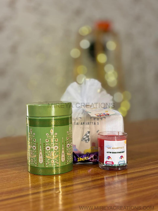 Printed Air-Tight Container + Shot Glass + Shots Chocolate | Combo Return Gift | Wedding Favor Under ₹200