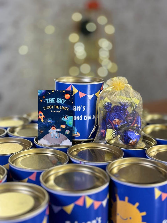 Paper Tin + Customised Fridge Magnet + Pouch of Chocolates | Custom Return Gift Set | Wedding & Event Favor