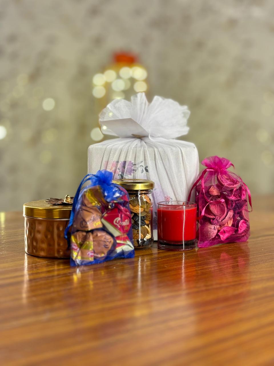 Decorative Round Jar Combo | Assorted Nuts, Shot Glass & Potpourri With Chocolate Pouch | Elegant Wedding Return Gift Under ₹500