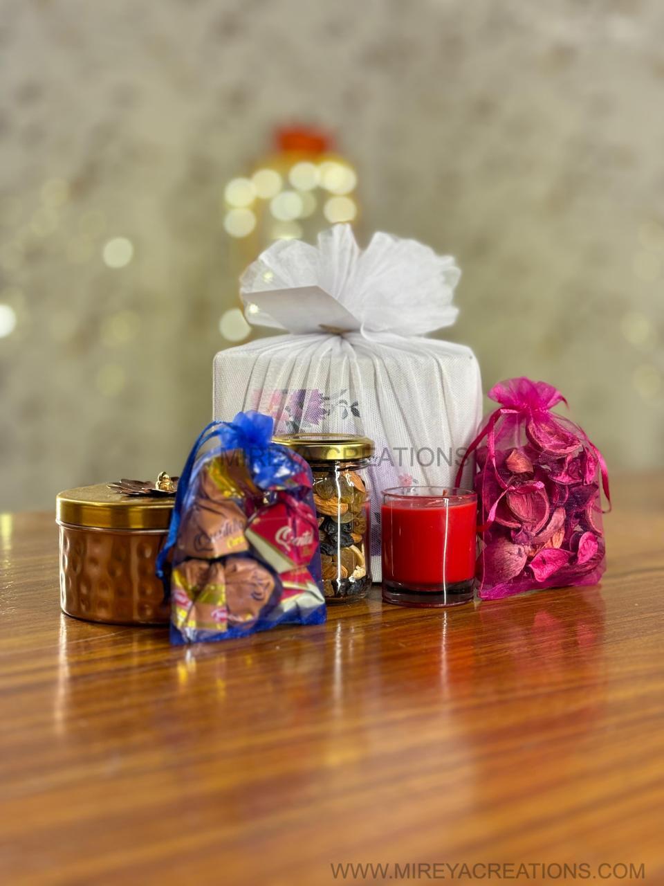 Decorative Round Jar Combo | Assorted Nuts, Shot Glass & Potpourri With Chocolate Pouch | Elegant Wedding Return Gift Under ₹500