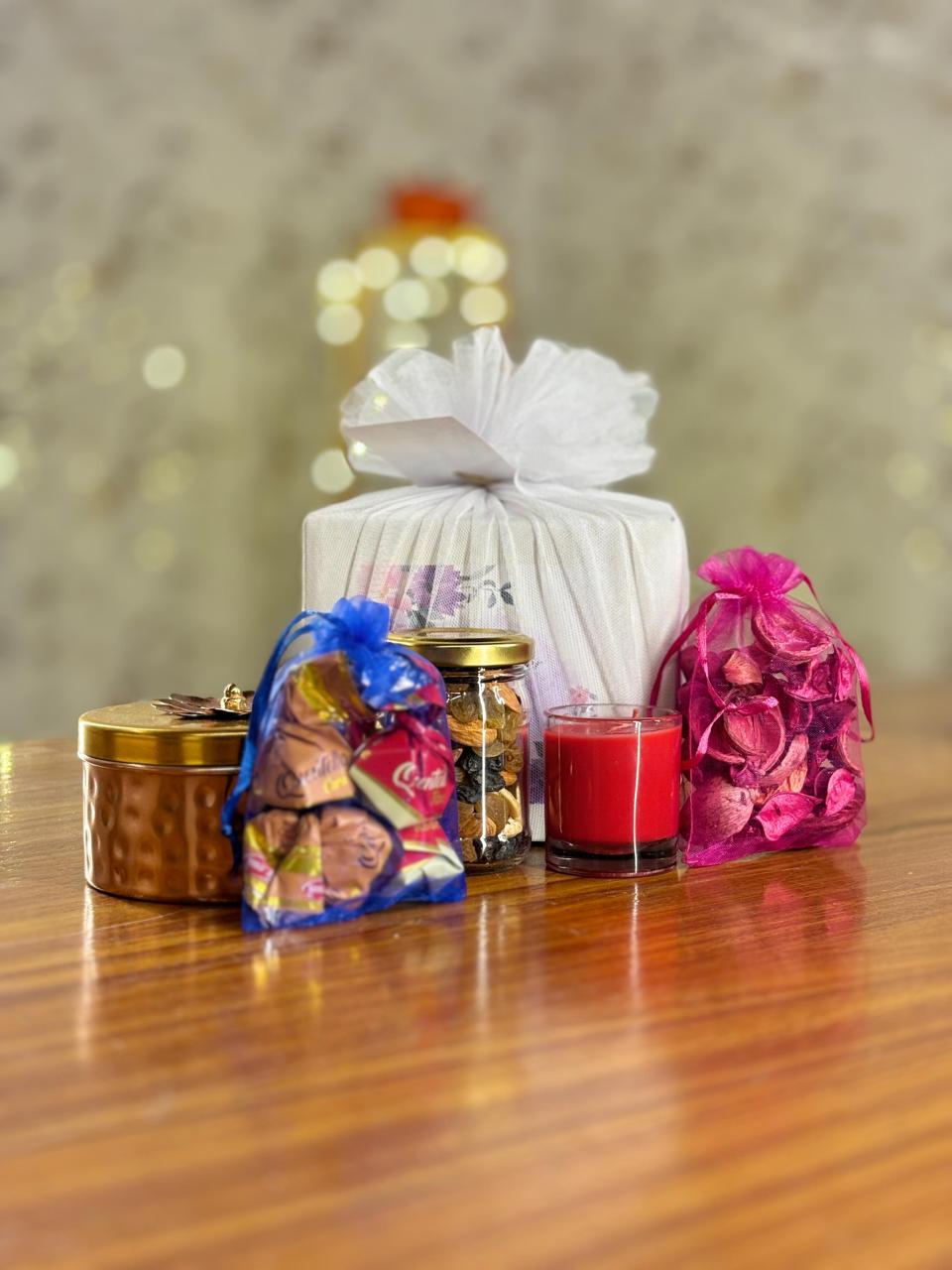 Decorative Round Jar Combo | Assorted Nuts, Shot Glass & Potpourri With Chocolate Pouch | Elegant Wedding Return Gift Under ₹500