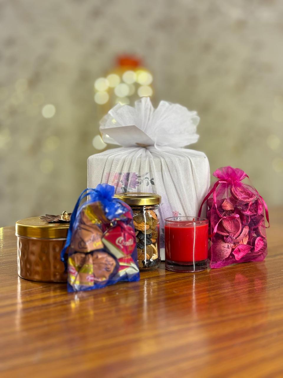 Decorative Round Jar Combo | Assorted Nuts, Shot Glass & Potpourri With Chocolate Pouch | Elegant Wedding Return Gift Under ₹500