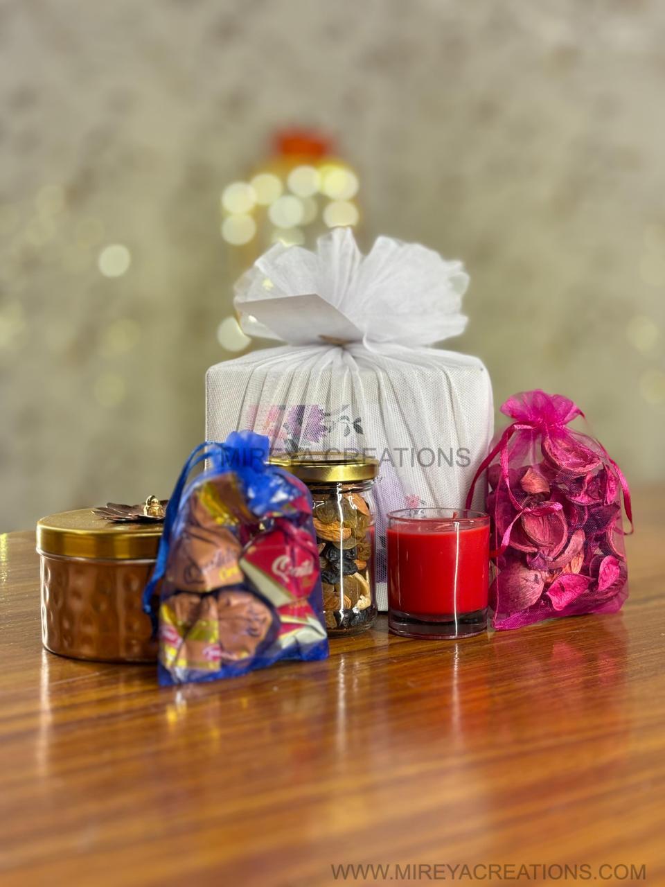 Decorative Round Jar Combo | Assorted Nuts, Shot Glass & Potpourri With Chocolate Pouch | Elegant Wedding Return Gift Under ₹500