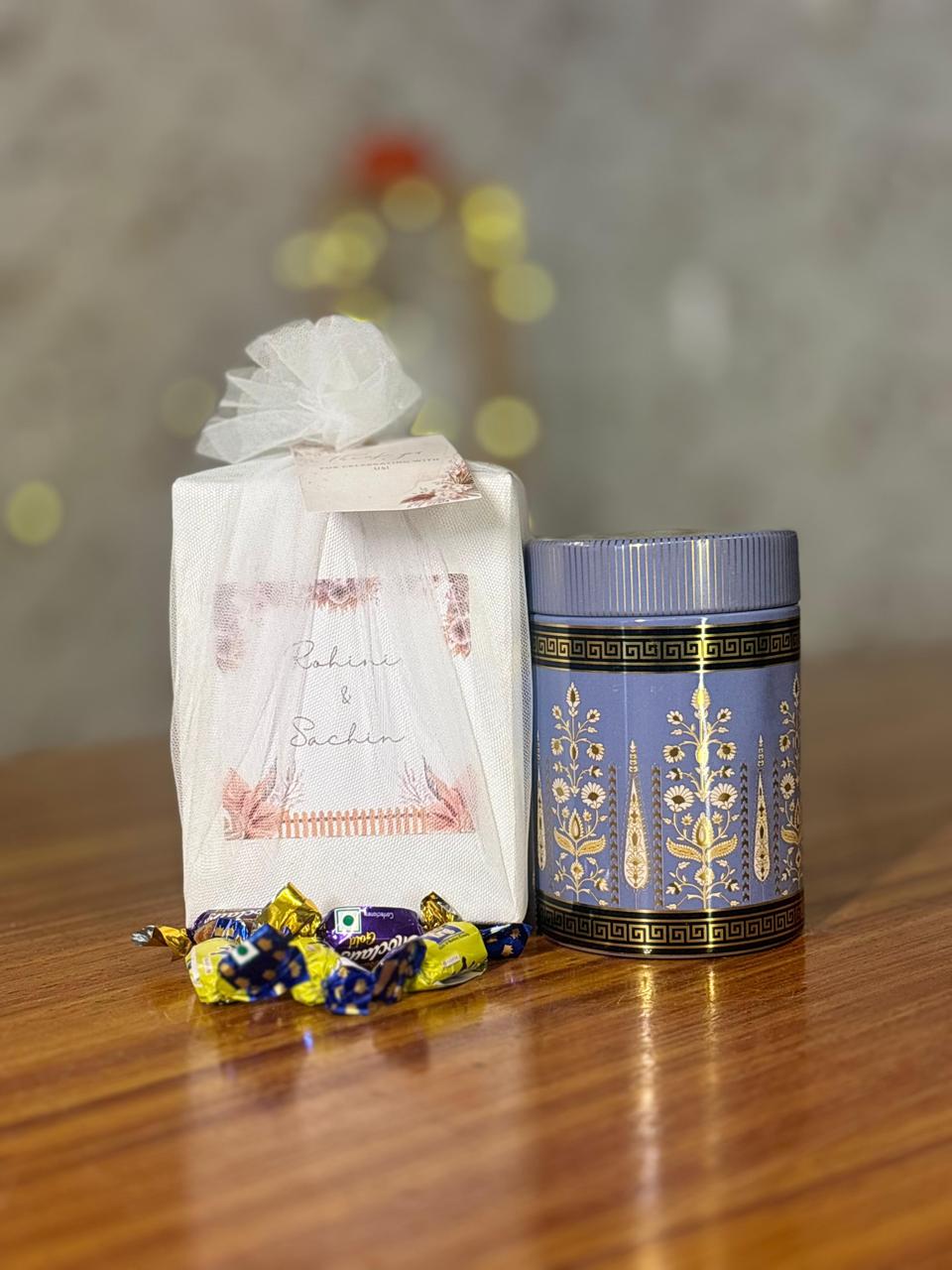 Printed Air-Tight Container + Chocolates | Metal Jar Return Gift | Wedding & Housewarming Favor