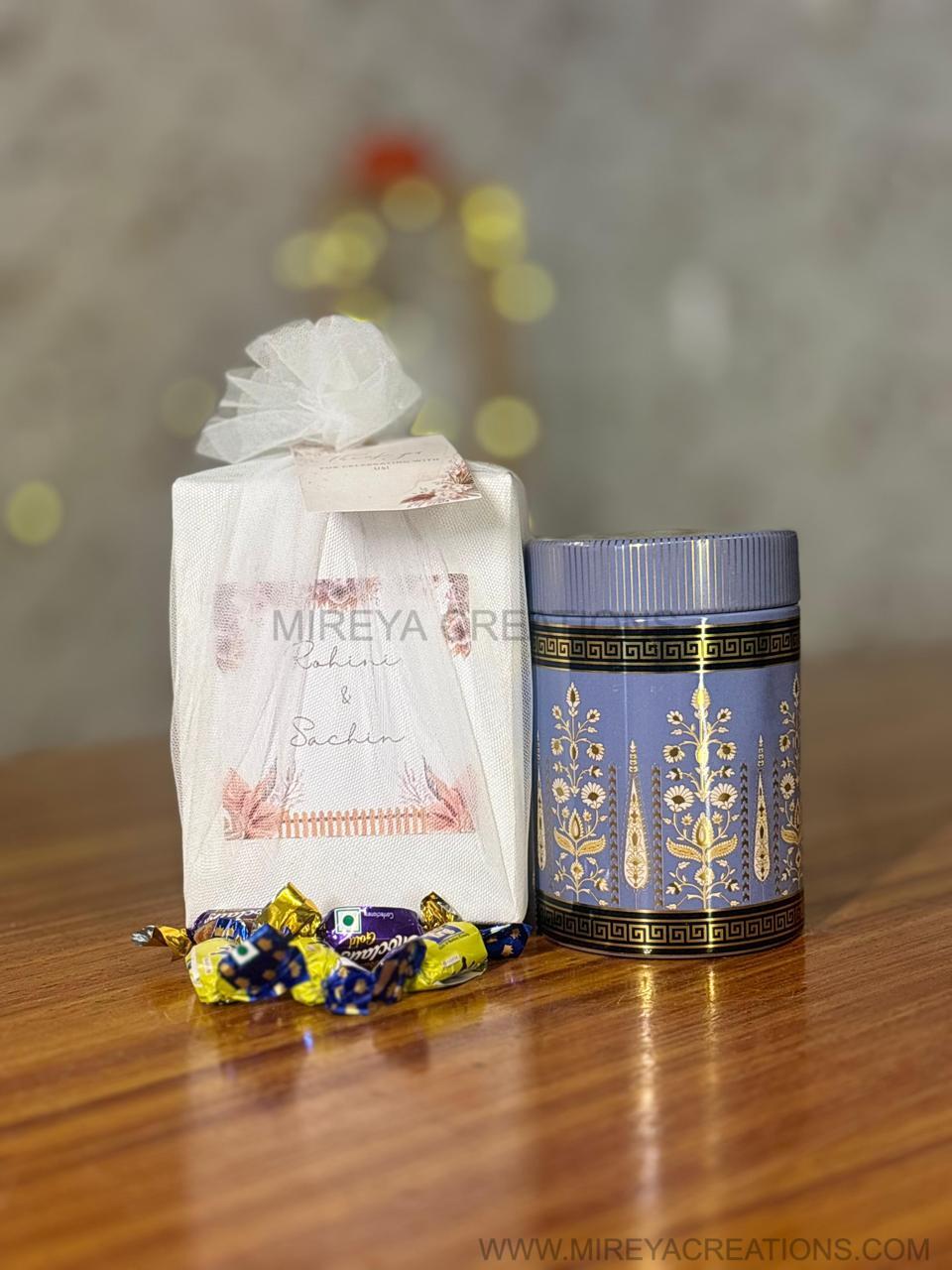 Printed Air-Tight Container + Chocolates | Metal Jar Return Gift | Wedding & Housewarming Favor