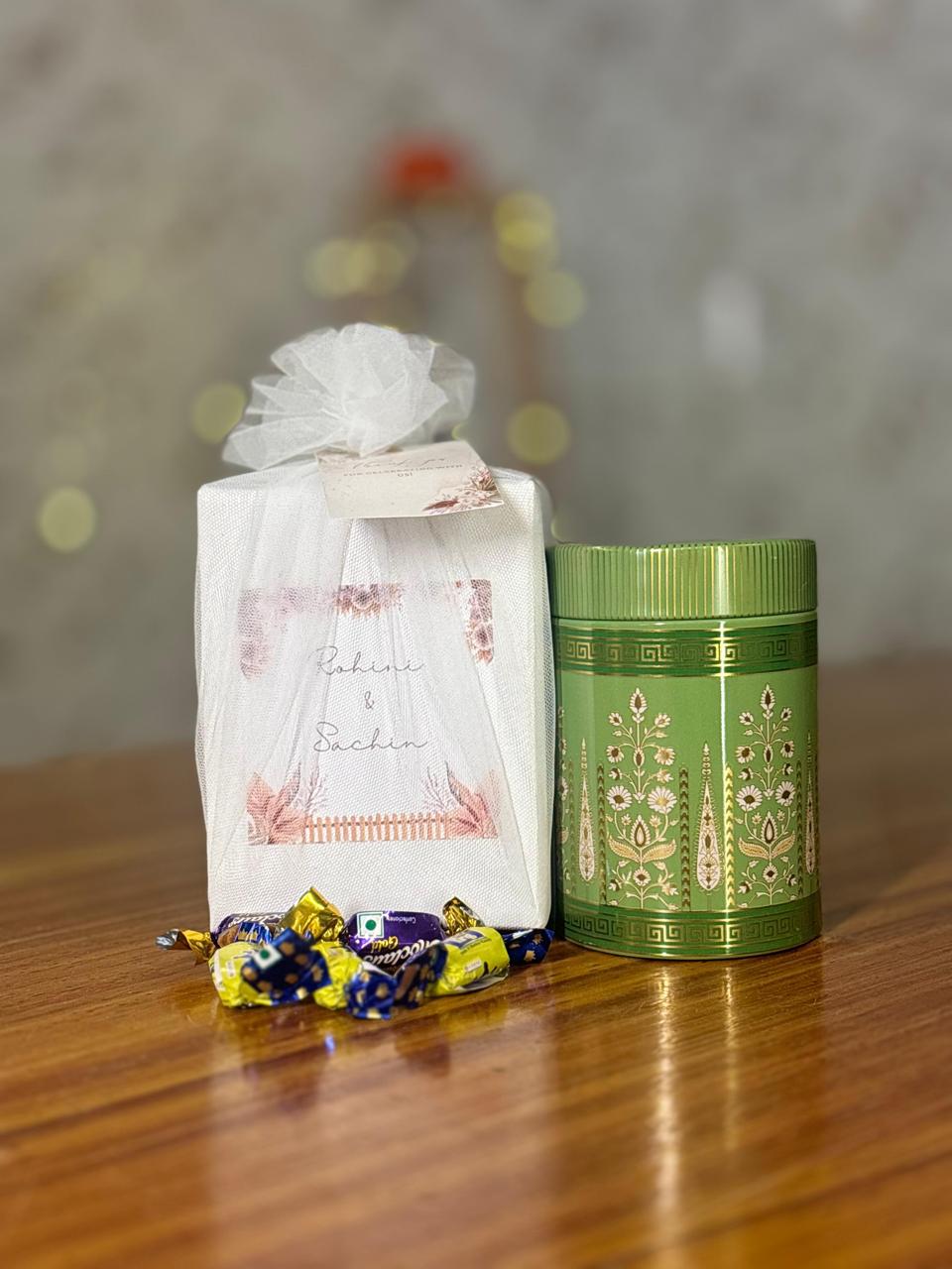 Printed Air-Tight Container + Chocolates | Metal Jar Return Gift | Wedding & Housewarming Favor