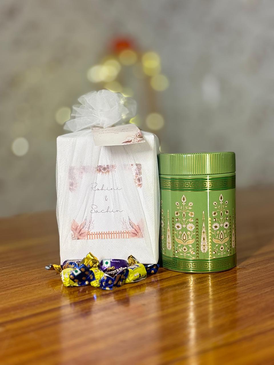 Printed Air-Tight Container + Chocolates | Metal Jar Return Gift | Wedding & Housewarming Favor