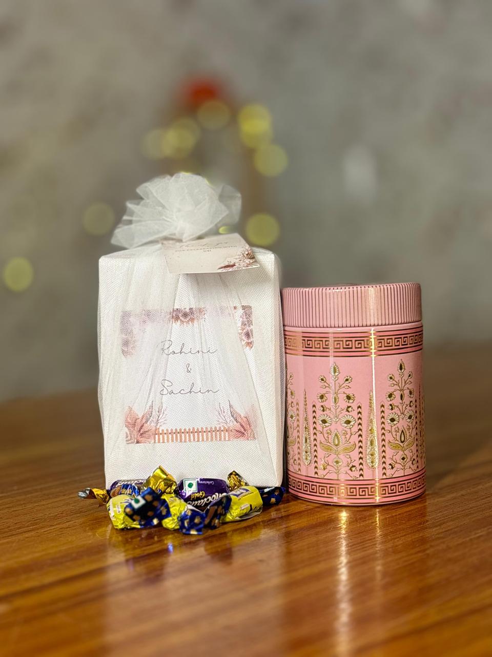 Printed Air-Tight Container + Chocolates | Metal Jar Return Gift | Wedding & Housewarming Favor