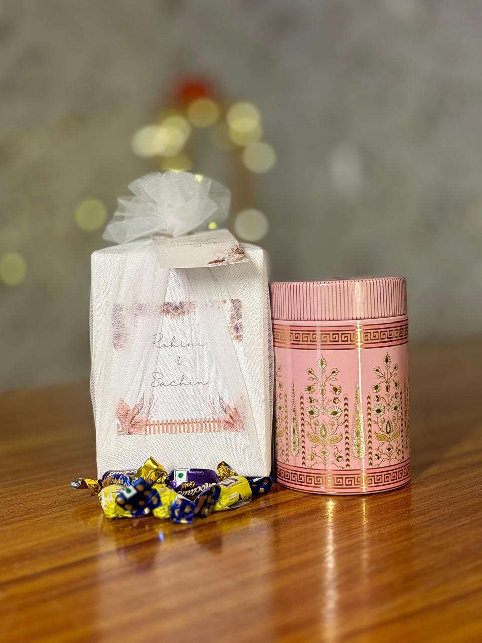 Printed Air-Tight Container + Chocolates | Metal Jar Return Gift | Wedding & Housewarming Favor